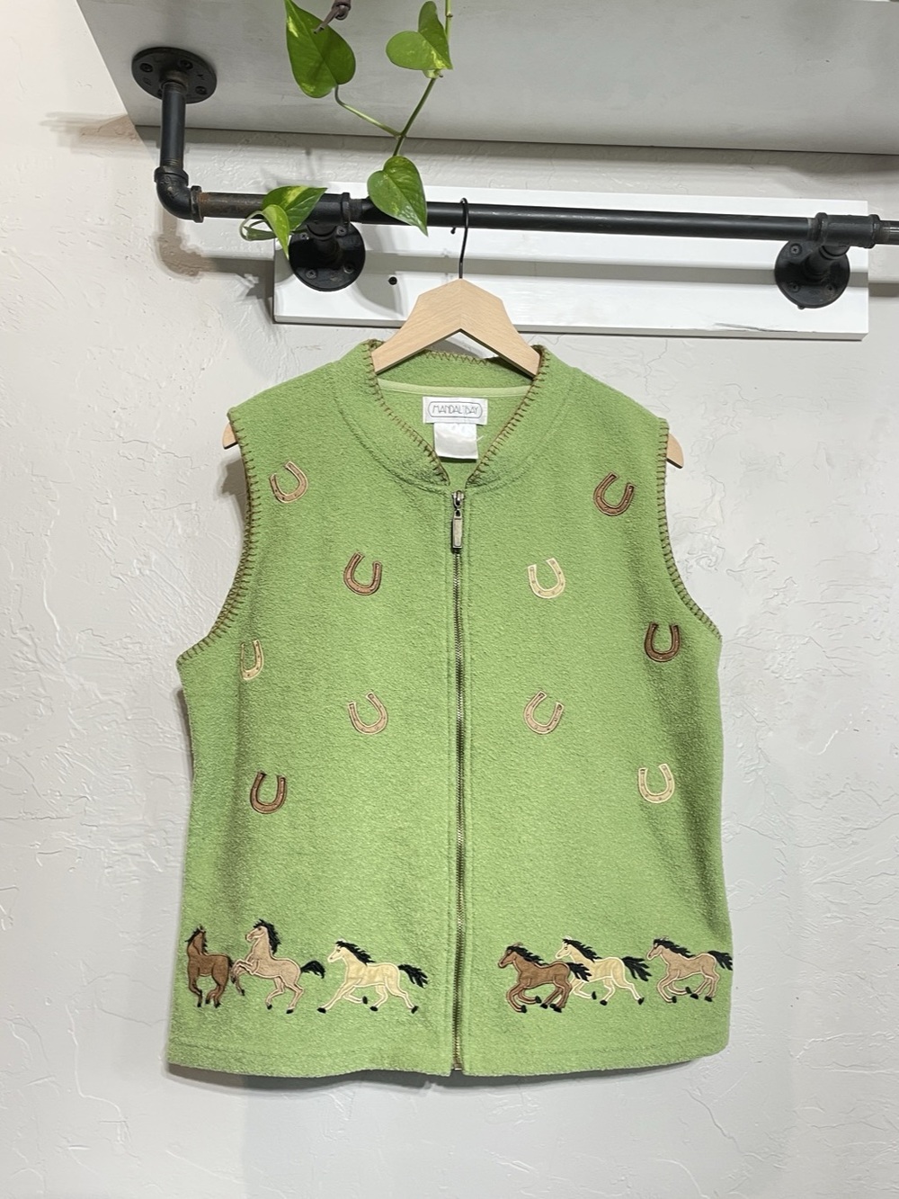 Vintage Mandal Bay Vest, Green Zip-Up Horses & Horseshoes, Women's Size L